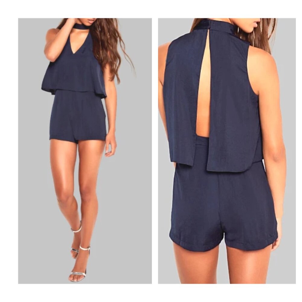 Missguided Silky Double Layer Choker Romper Navy blue split fly away back  sz 4
